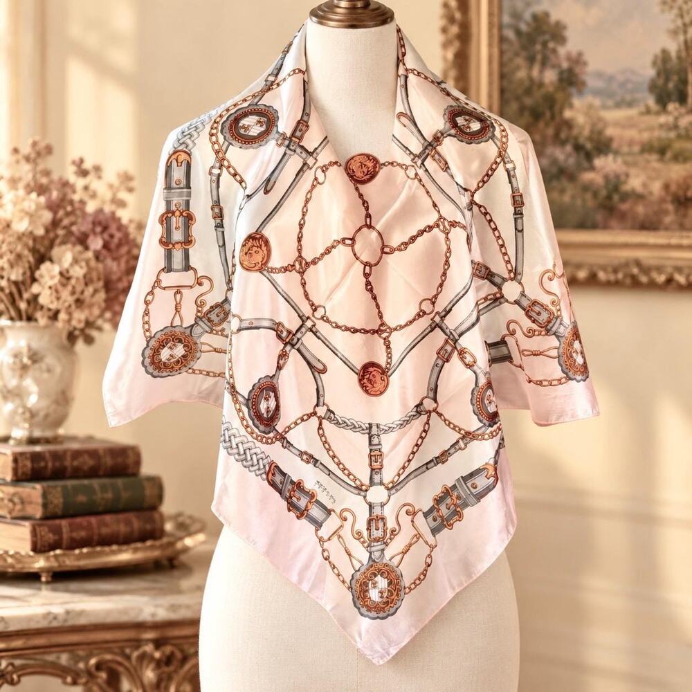 Vintage Oscar de la Renta Studio 80s Silk Scarf Blush Pink Chain Buckle 30x30
